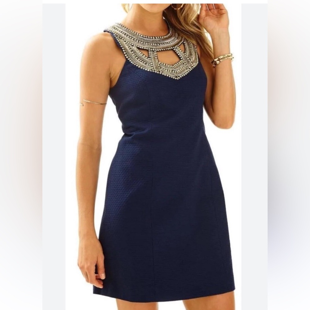 Lilly Pulitzer Carlton Shift Dress Navy Blue Gold Beaded Detailing Size 2